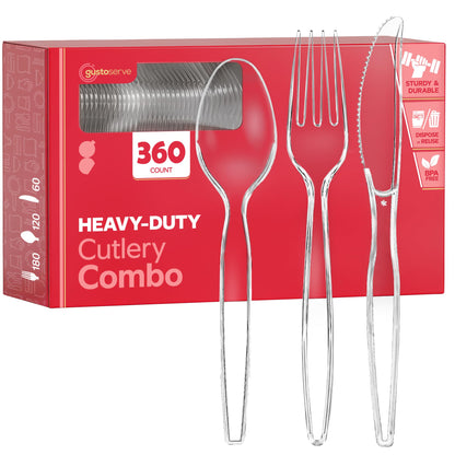 Gusto [360 Combo Pack] Heavy Duty Clear Silverware, Heavyweight Utensils - 180 Forks, 120 Spoons and 60 Knives Cutlery, Reusable, Perfect for Wedding, Parties and Events - Formerly Comfy Package - Available at All In One Marketplace Canada