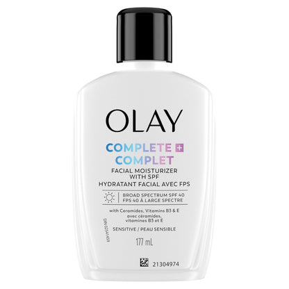 Olay Complete+ Face Moisturizer with Sunscreen SPF 40, For Sensitive Skin, Broad Spectrum Sun Protection, Fragrence-Free - No White Cast on All Tones, Nourishes Moisture Barrier - Ceramides, 177 mL - Available at All In One Marketplace Canada