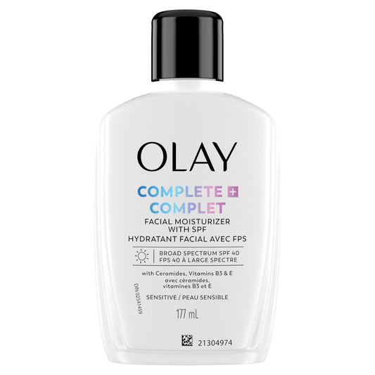 Olay Complete+ Face Moisturizer with Sunscreen SPF 40, For Sensitive Skin, Broad Spectrum Sun Protection, Fragrence-Free - No White Cast on All Tones, Nourishes Moisture Barrier - Ceramides, 177 mL - Available at All In One Marketplace Canada