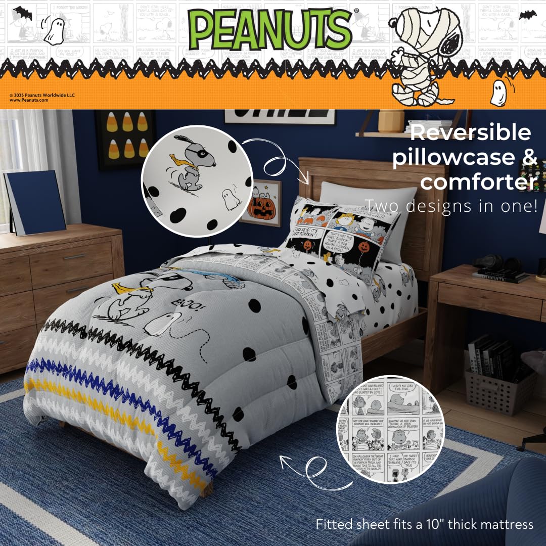 Franco Peanuts Snoopy Halloween Bedding Set, 4 Piece Super Soft Reversible Comforter and Sheet Set, Twin, (100% Officially Licensed Product) Collectibles