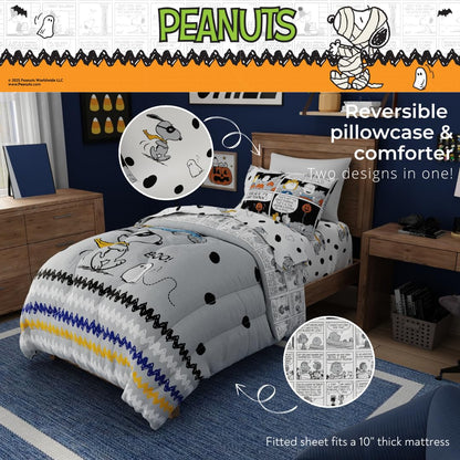 Franco Peanuts Snoopy Halloween Bedding Set, 4 Piece Super Soft Reversible Comforter and Sheet Set, Twin, (100% Officially Licensed Product) Collectibles
