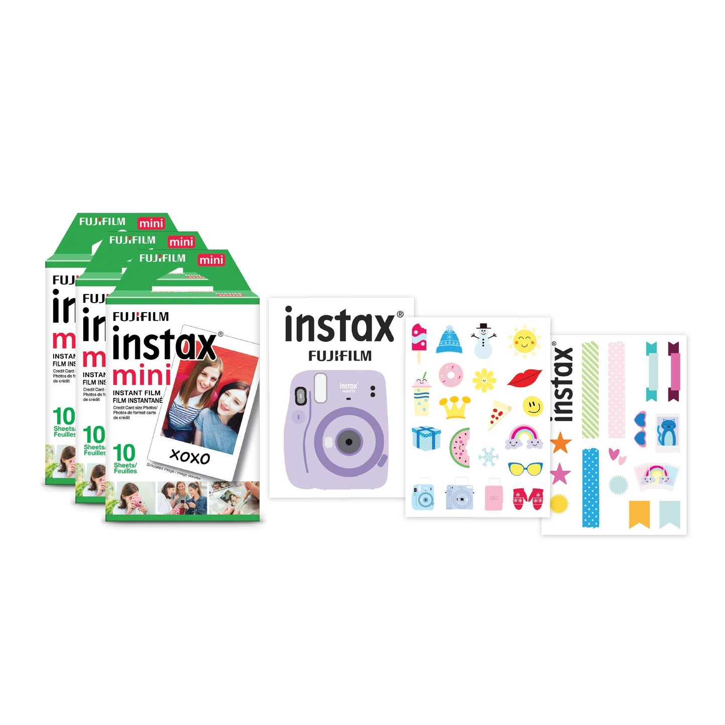 Fujifilm Instax Mini Film, 3 Pack with Stickers (30 exposures) White 600022104 - Available at All In One Marketplace Canada