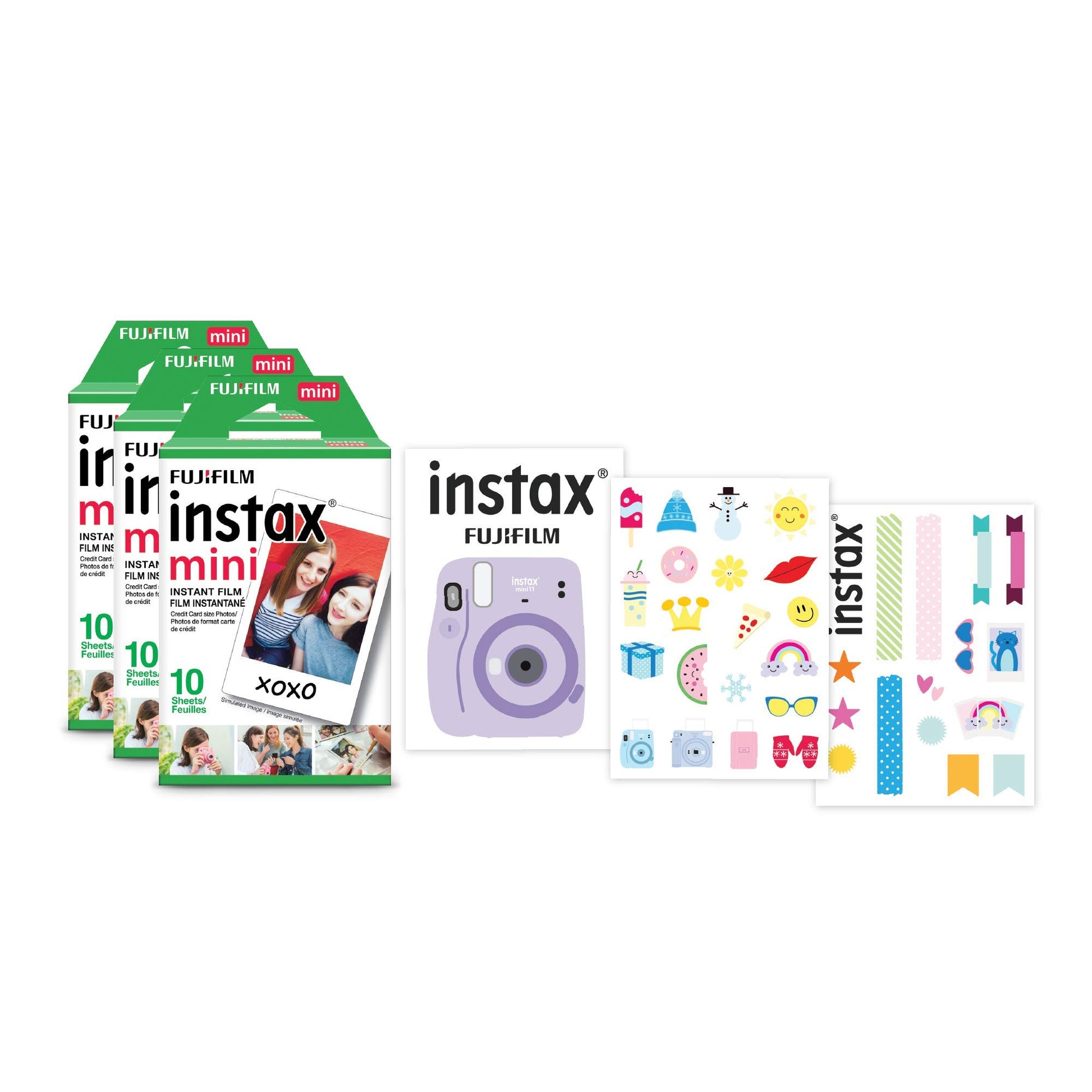Fujifilm Instax Mini Film, 3 Pack with Stickers (30 exposures) White 600022104 - Available at All In One Marketplace Canada