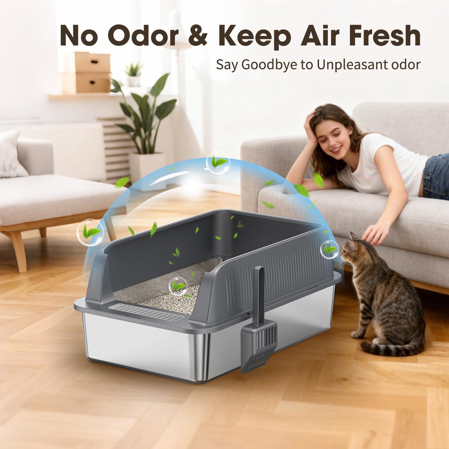 XL Stainless Steel Cat Litter Box with High Sides Lid, Large Litter Box for Big&Multiple Cats, Metal Kitty Litter Boxes with Anti-Leakage Enclosure,Non-Stick,Scoop Included - Available at All In One Marketplace Canada