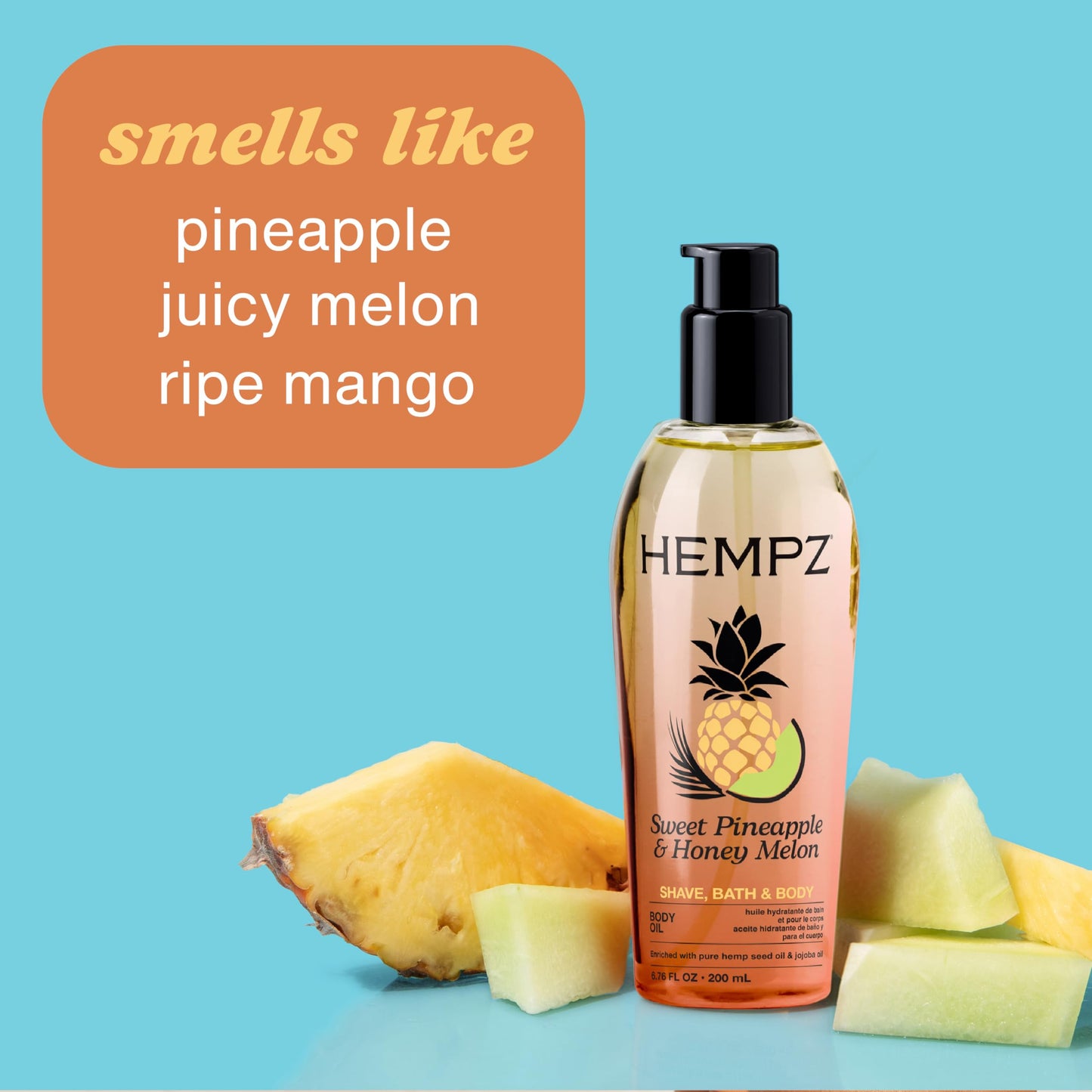 HEMPZ Sweet Pineapple & Honey Melon Herbal Hydrating Multi-Purpose Body Oil for Body - Moisturizing Bath, Shower, or Shaving Oil for Dry or Sensitive Skin for Women & Men, 6.76 Oz - Available at All In One Marketplace Canada