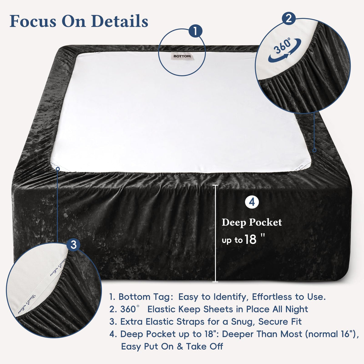 David's Home Velvet Fitted Sheets Set Queen Size Black, Extra Deep Pocket up to 18",Ultra Soft Fuzzy Luxury Plush Fleece Bottom Sheet with Side Pocket & Elastic Corner Straps, Fall Winter 🍁 All In One Marketplace Canada