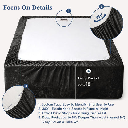 David's Home Velvet Fitted Sheets Set Queen Size Black, Extra Deep Pocket up to 18",Ultra Soft Fuzzy Luxury Plush Fleece Bottom Sheet with Side Pocket & Elastic Corner Straps, Fall Winter 🍁 All In One Marketplace Canada