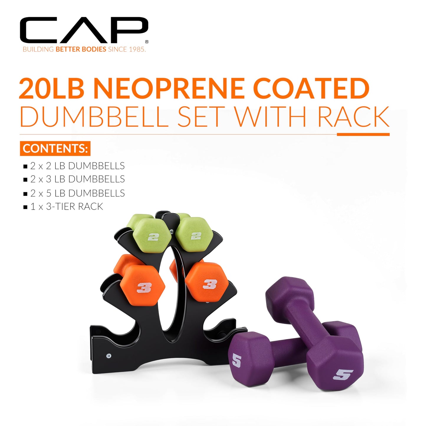 CAP Barbell 20 lb Neoprene Dumbbell Set with Rack |Includes 2, 3, 5 lb Pairs