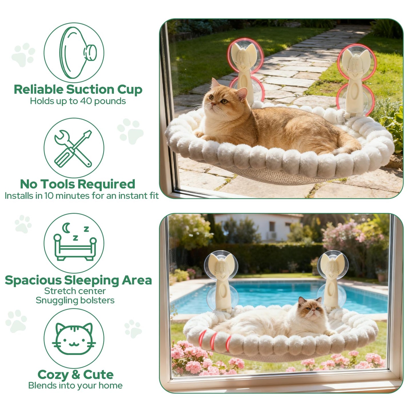 Ceecysaa Cat Window Perch, Cat Hammock Cordless Window Bed with Easy Assembly Strong Metal Frame and Removable Soft Cover, 4 Strong Suction Cups Soft Cover Foldable Cats Shelf Seat for Indoor Cats - Available at All In One Marketplace Canada