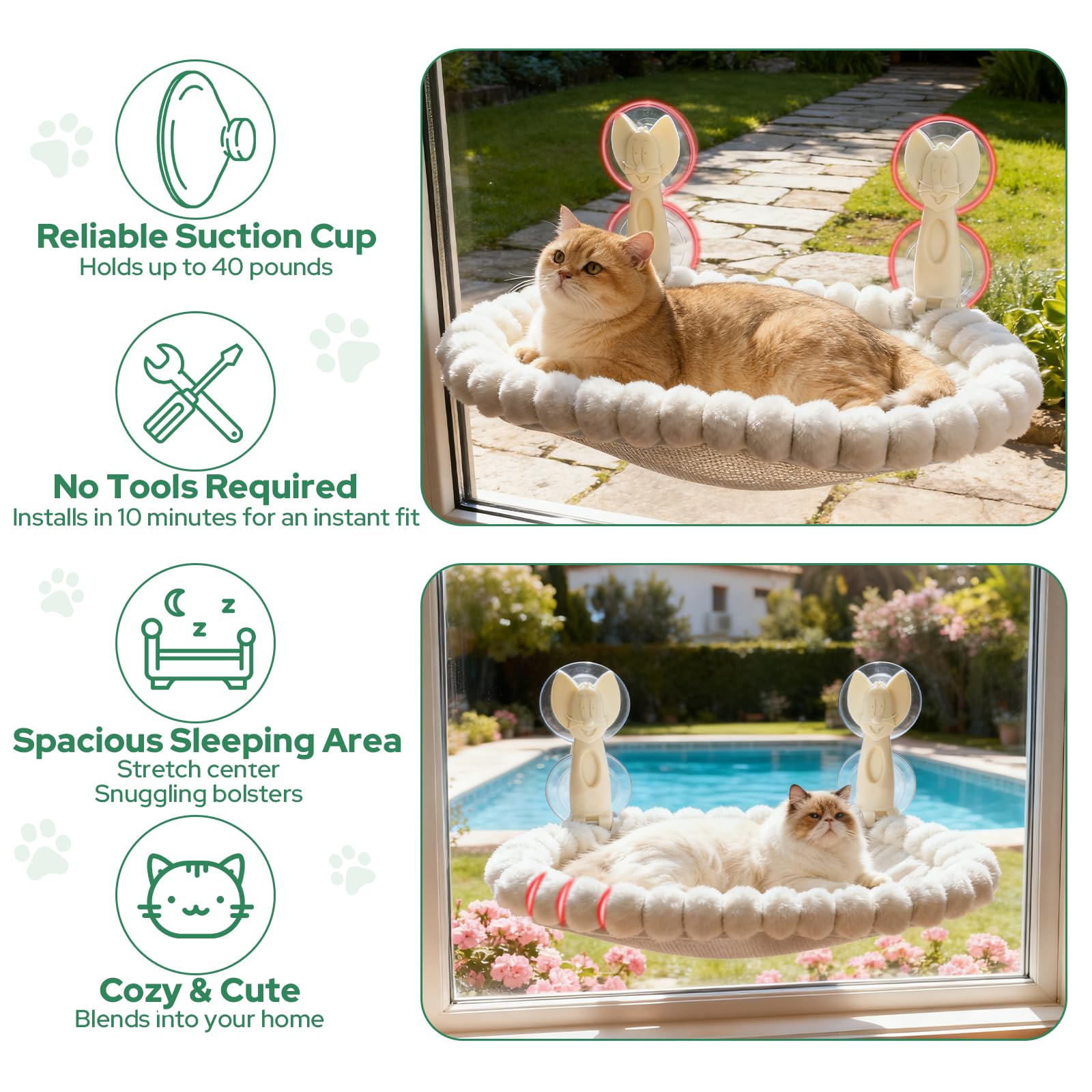 Ceecysaa Cat Window Perch, Cat Hammock Cordless Window Bed with Easy Assembly Strong Metal Frame and Removable Soft Cover, 4 Strong Suction Cups Soft Cover Foldable Cats Shelf Seat for Indoor Cats - Available at All In One Marketplace Canada