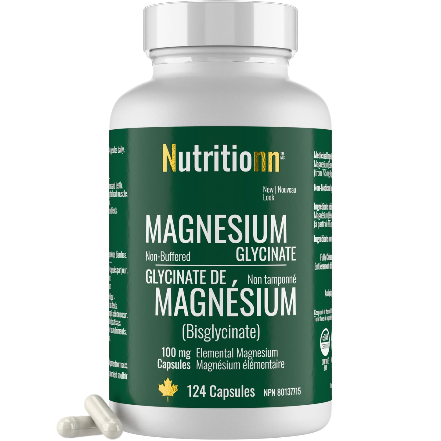 Magnesium Glycinate 100 mg Capsules (Elemental) from Non-Buffered Fully Chelated 100% Magnesium Bisglycinate - 124 High-Absorption Capsules with No Additives - Made in Canada - Nutritionn - Available at All In One Marketplace Canada