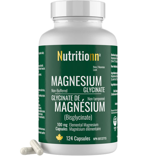 Magnesium Glycinate 100 mg Capsules (Elemental) from Non-Buffered Fully Chelated 100% Magnesium Bisglycinate - 124 High-Absorption Capsules with No Additives - Made in Canada - Nutritionn - Available at All In One Marketplace Canada