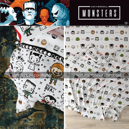 Universal Little Monsters Halloween 5 Piece Twin Bedding Set - Super Soft Cozy Reversible Comforter and Sheet Set with Sham, (Officially Licensed Product) by Franco