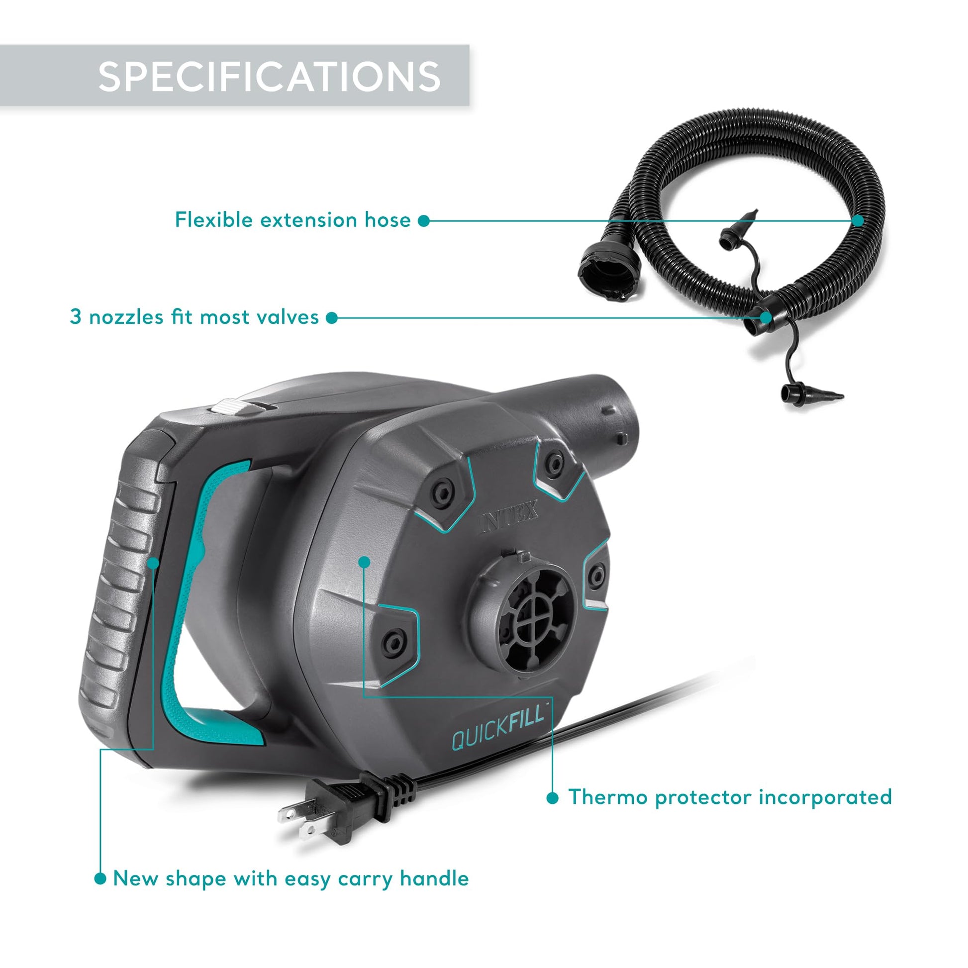 INTEX 66643E QuickFill 120 Volt AC Electric Pump: Inflates and Deflates Air Mattresses – Includes 3 Interrconnecting Nozzles – Easy Carry Handle – 1100 L/Min Air Flow – Indoor Use Intex