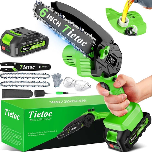 TIETOC Mini Chainsaw Cordless 6 Inch with Large Batteries, 880w Electric Chainsaw with Oiler System,Small Battery Chainsaw for Wood/Trees Cutting for Men Dad Husband Gadget