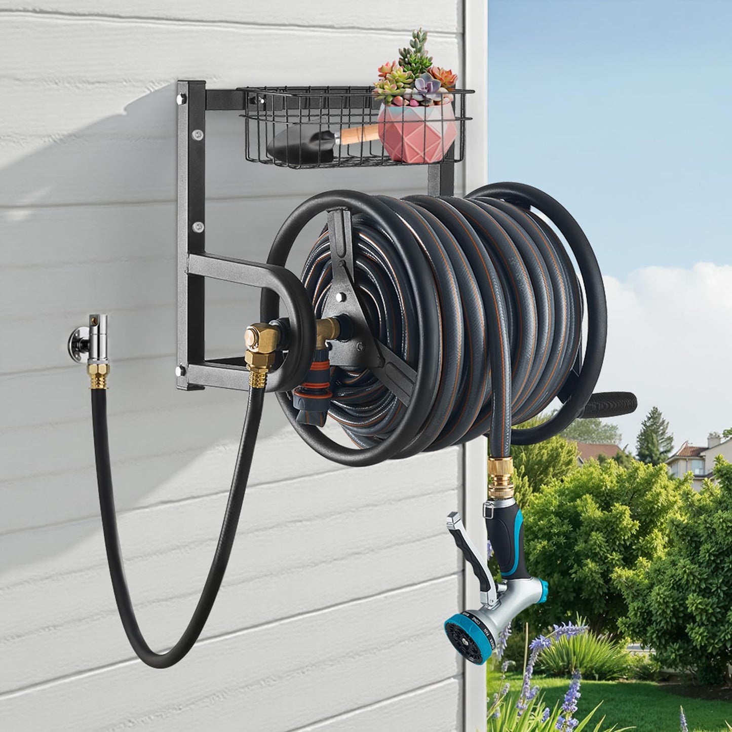 VEVOR Wall Mounted Garden Hose Reel, Holds 125 ft 5/8-inch Hose, Heavy-Duty Water Hose Winder, Space-Saving Design, Outdoor Manual Reel with Brass Fitting and Storage Basket for Yard Lawn VEVOR