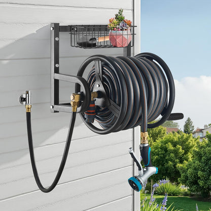 VEVOR Wall Mounted Garden Hose Reel, Holds 125 ft 5/8-inch Hose, Heavy-Duty Water Hose Winder, Space-Saving Design, Outdoor Manual Reel with Brass Fitting and Storage Basket for Yard Lawn VEVOR