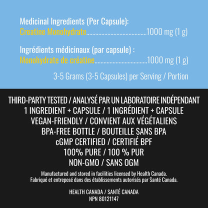 Creatine Capsules - 100% Creatine Monohydrate 1000 mg x 150 Pills (3-5 g Serving) - Made in Canada - Premium Strength and Muscle Growth Supplement by Nutritionn - Available at All In One Marketplace Canada