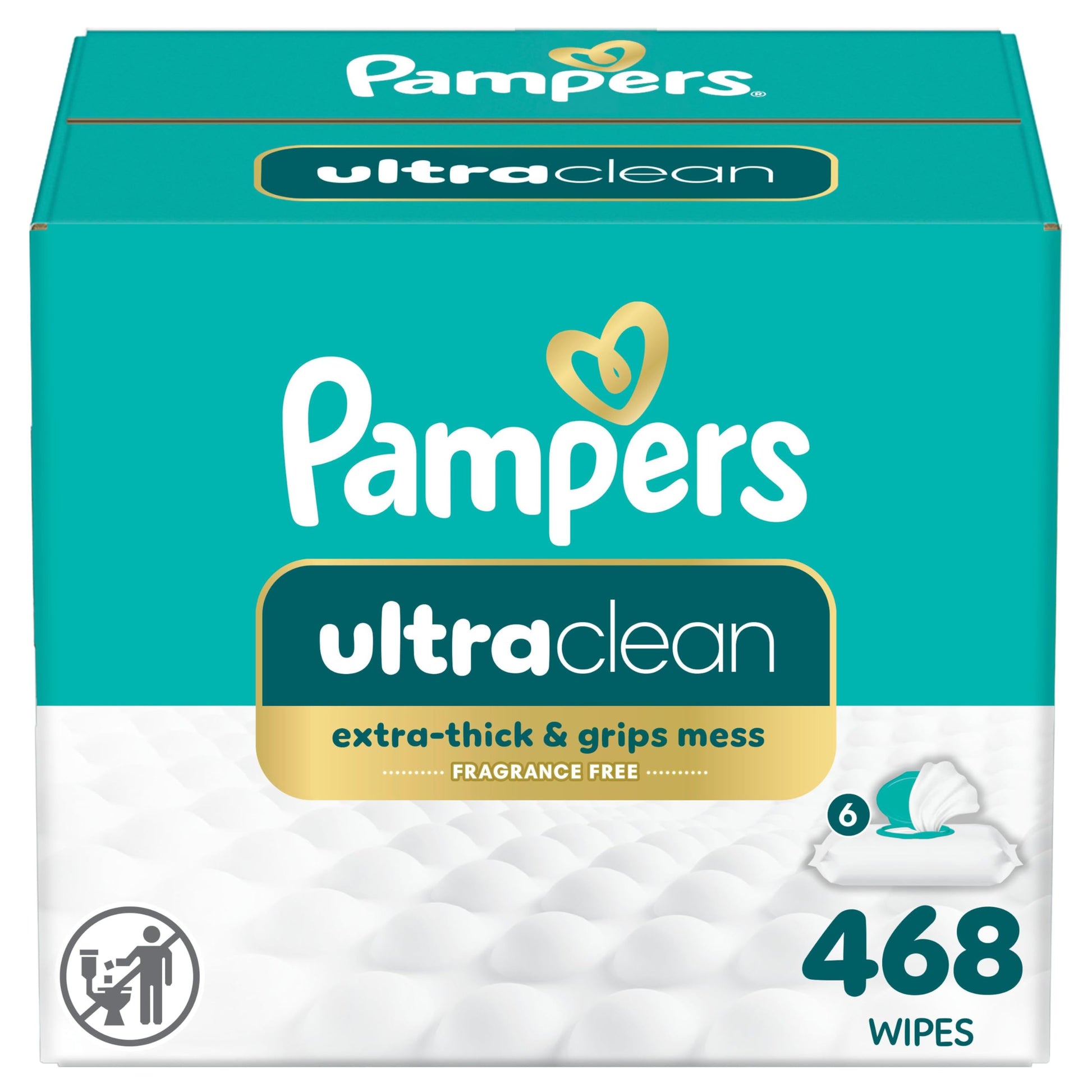 Pampers Free & Gentle 100% Plant-Based Fragrance Free Baby Wipes, 6 pack, 468 Count Pampers