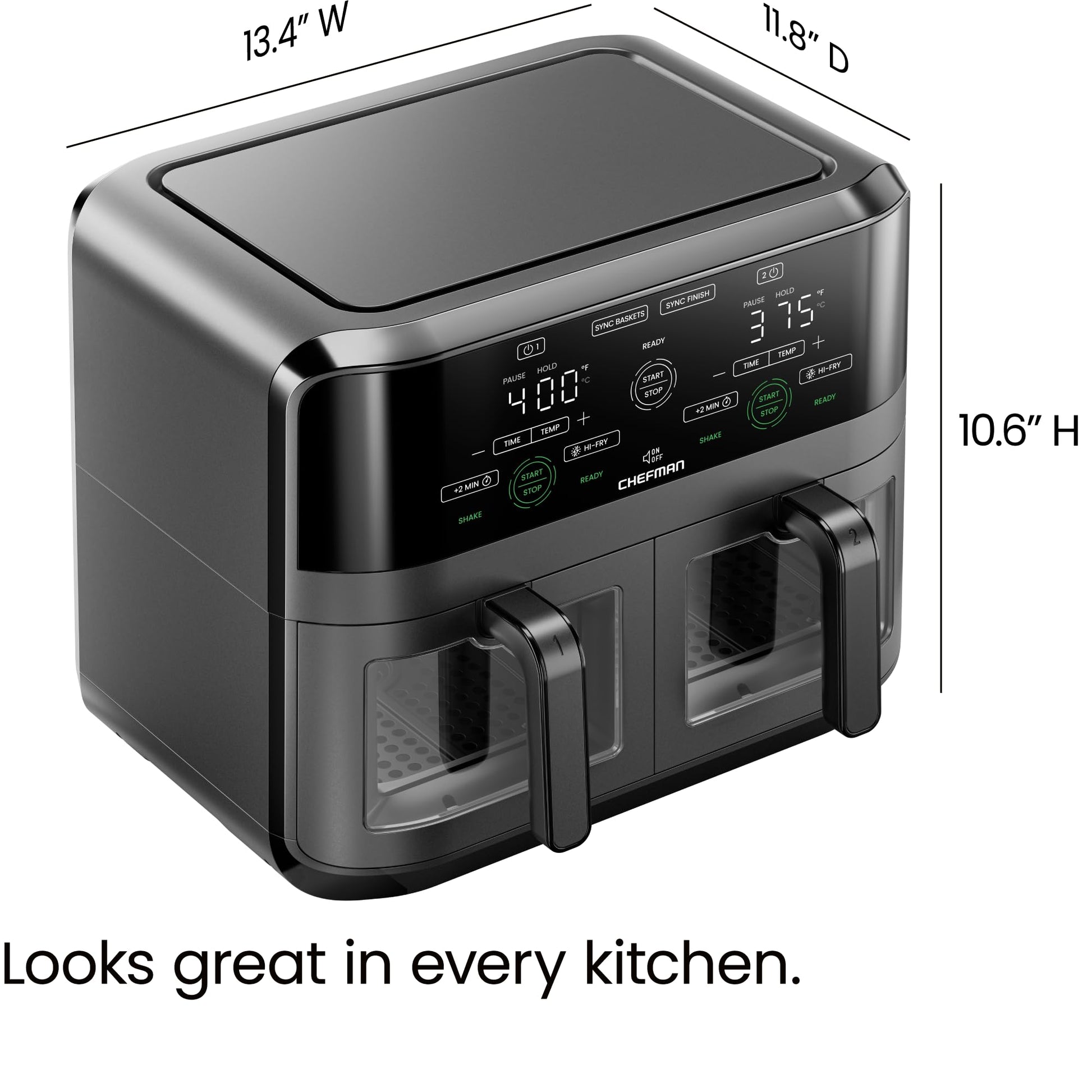 CHEFMAN 6 Quart Dual Basket Air Fryer Oven with Easy View Windows, Sync Finish, Hi-Fry, Auto Shutoff, 2 Independent 3Qt Nonstick Dishwasher Safe Frying Baskets, Digital Double Air Fryer - Black - Available at All In One Marketplace Canada