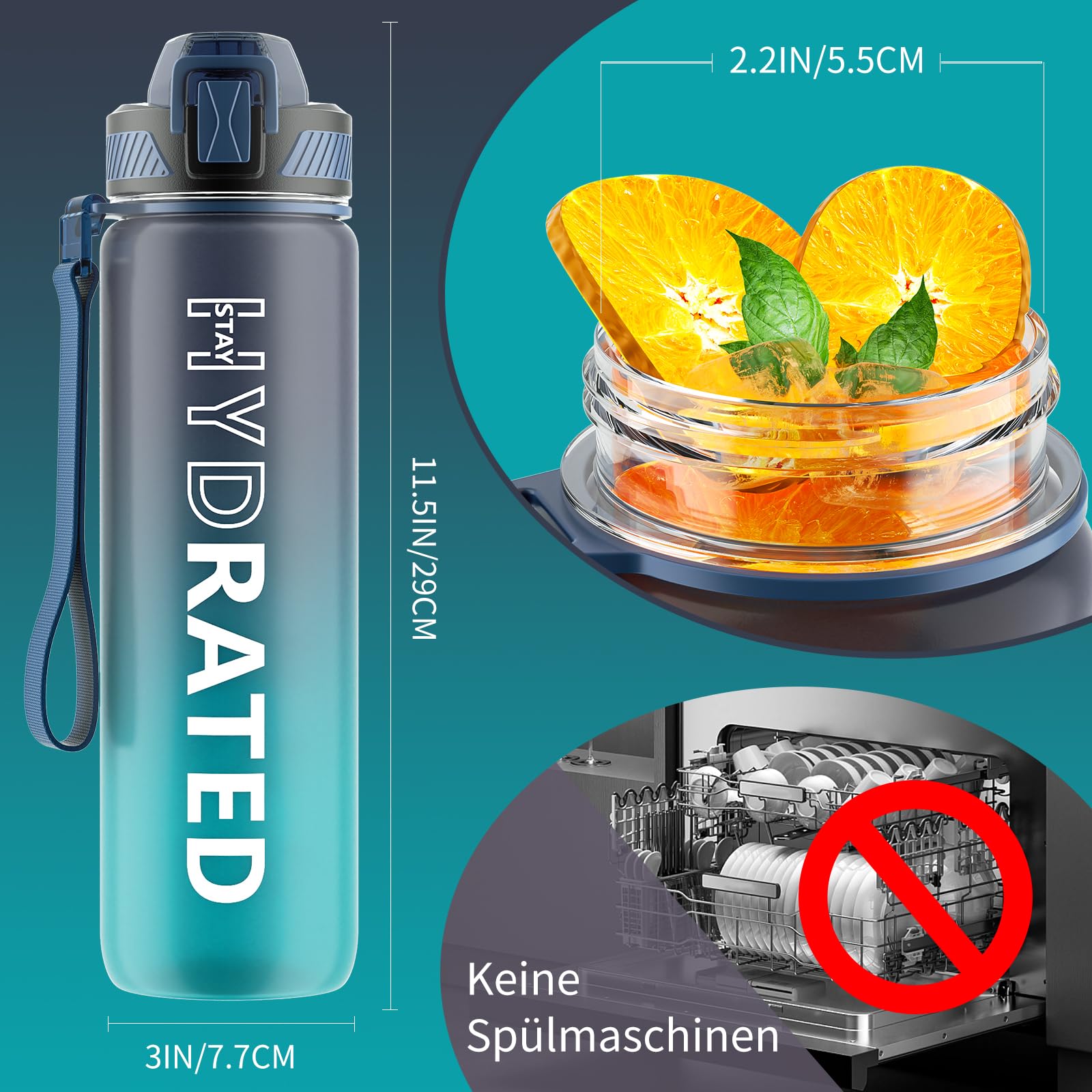 QLUR Water Bottle with Straw, 32oz Sports Motivational Water Bottle with Time Markings to Drink & Carry Strap & Clean Brush, 1L, Tritan, BPA Free, LeakProof for Women Men Gym Fitness Outdoor (1 Pack)