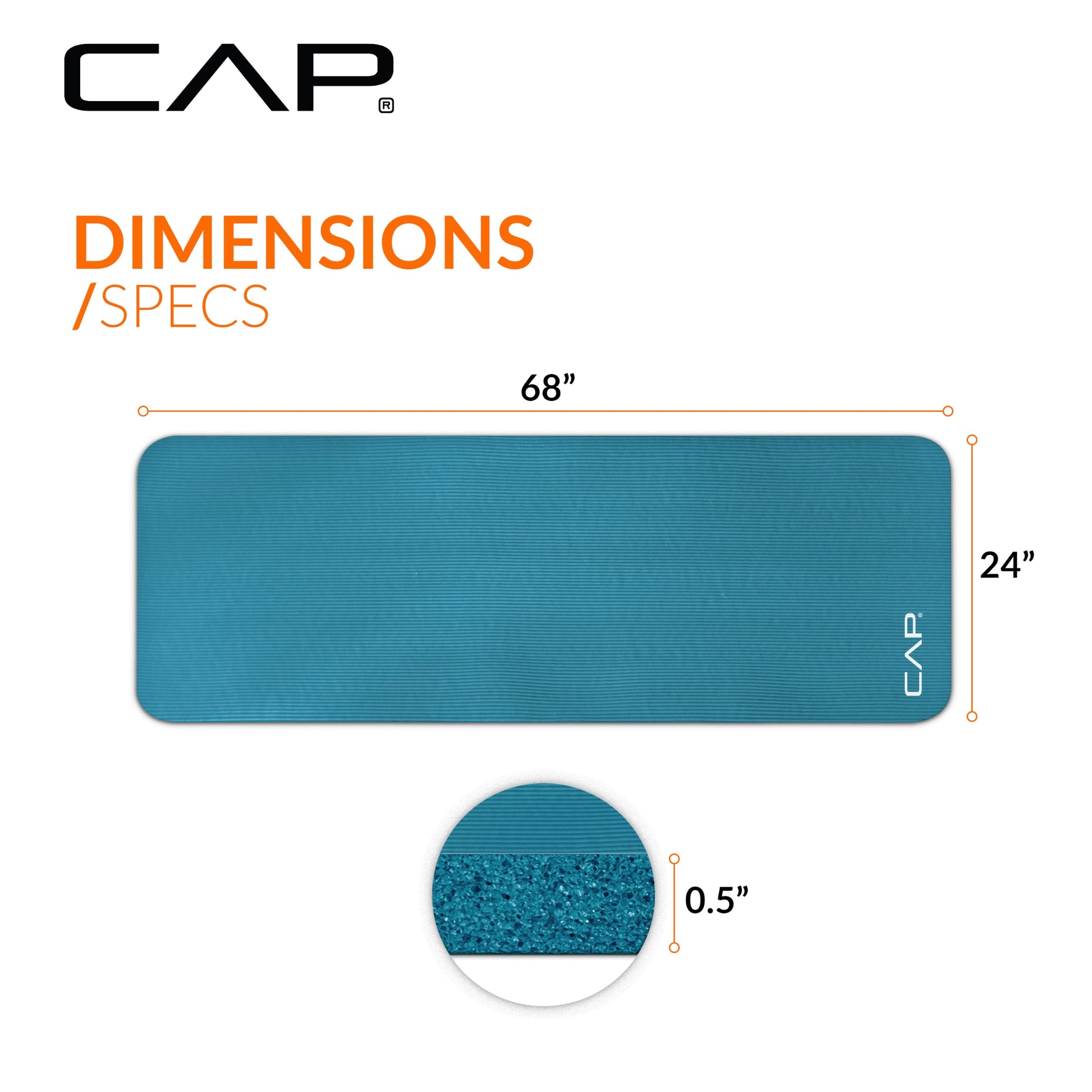CAP Barbell High Density Exercise Yoga Mat with strap, 68"x24" 12mm - Teal