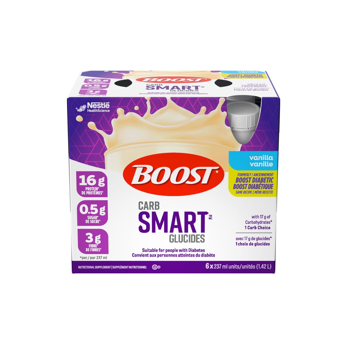 BOOST CarbSmart Vanilla, High Protein, Low Sugar, 24 Vitamins & Minerals, Nutritional Supplement, 16g Protein, 0.5g Sugar, Kosher, Gluten-free, Suitable For Diabetics, 24 Bottles, 6 kg Boost