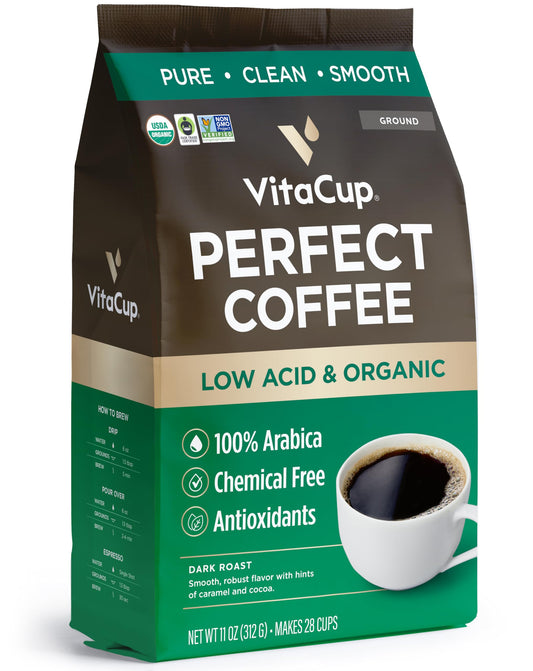 VitaCup Perfect Low Acid Ground Coffee – USDA Organic Fair Trade Dark Roast Guatemala Single Origin, Mycotoxin Free, 11 oz