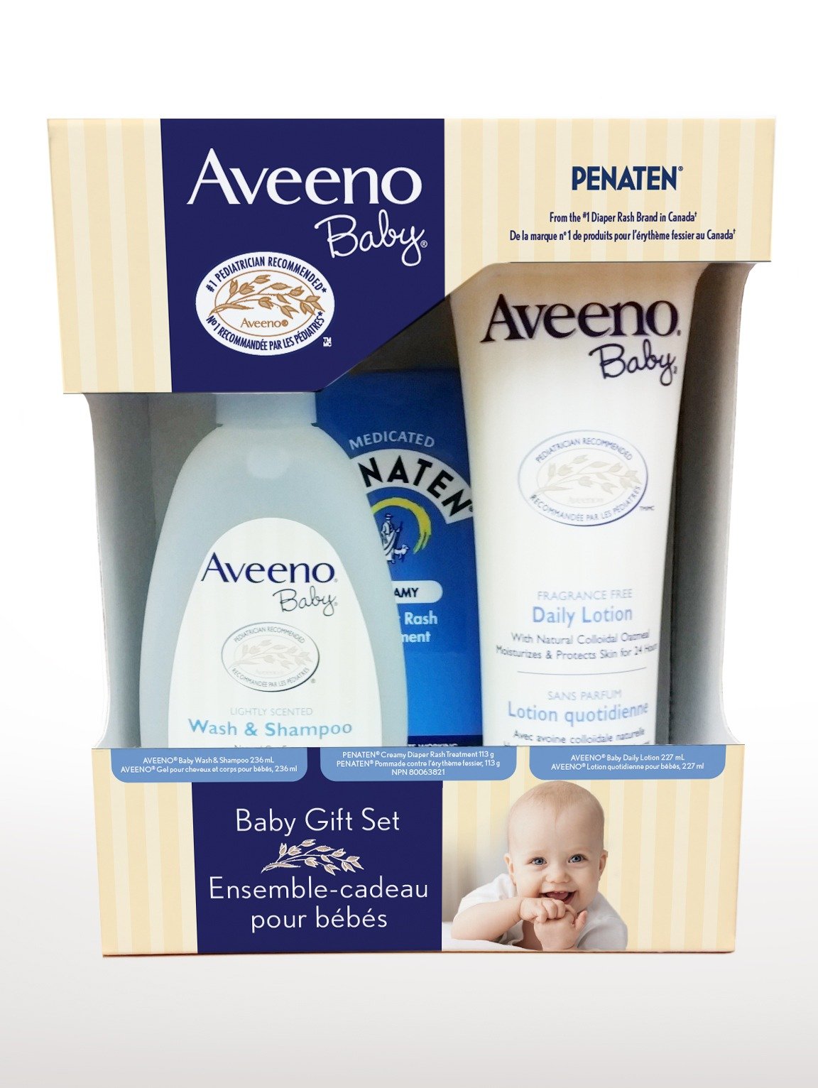 Aveeno Baby Gift Set With Baby Wash And Shampoo 236 mL, Baby Daily Moisturizing Lotion 227 mL and Penaten Diaper Rash Cream 113g Aveeno