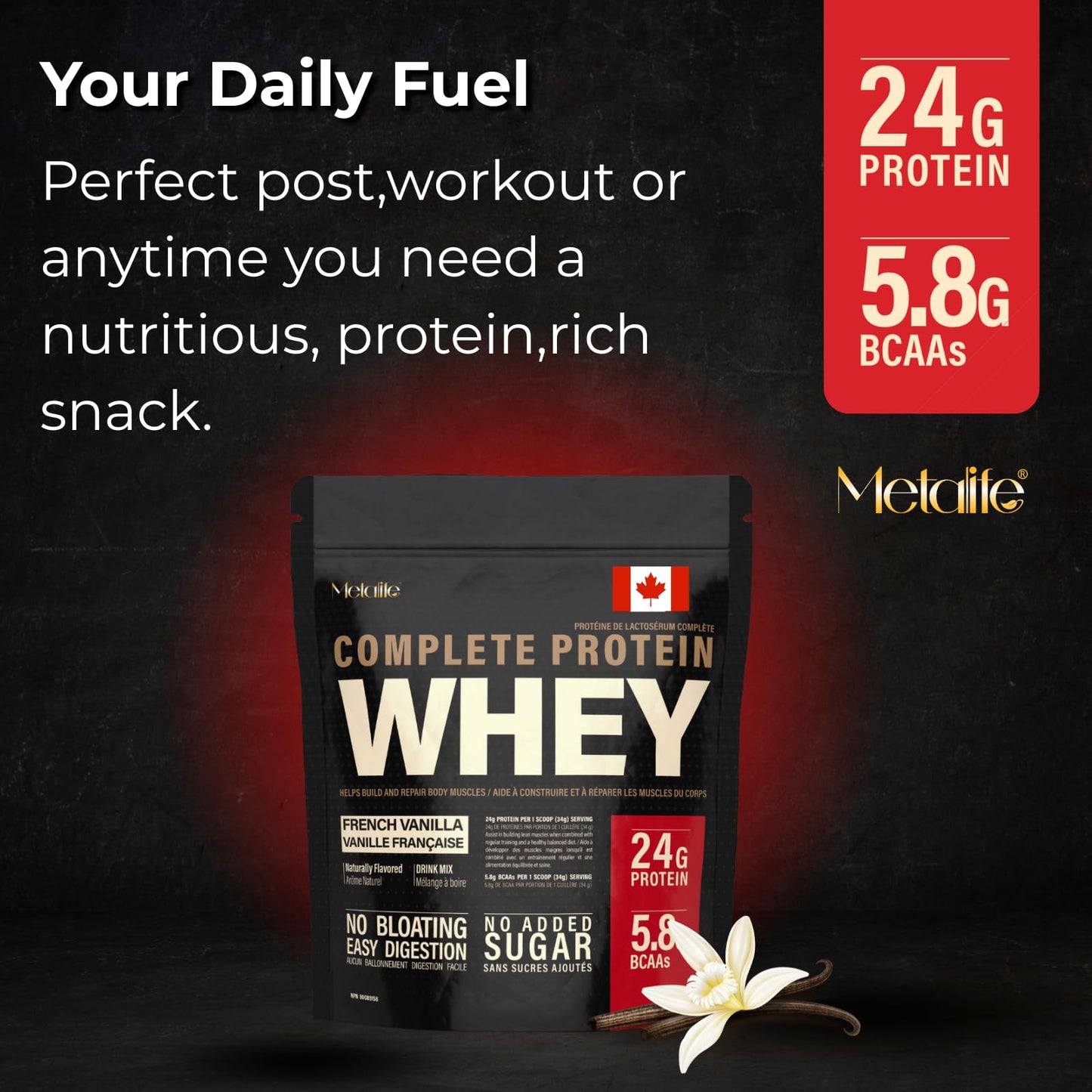MetaLife Complete Whey Protein Powder – 24g Protein, 5.8g BCAAs, Sugar-Free, Gluten-Free, 714g (21 Servings) – French Vanilla