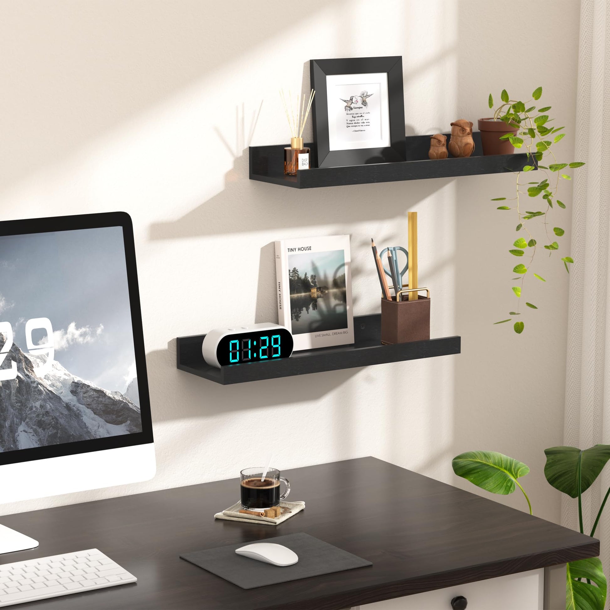 upsimples Floating Shelves for Wall, Decor Storage Set of 6, Wall Mounted Wood Shelves for Bedroom, Living Room, Bathroom, Kitchen, Picture Ledge Shelves, Black