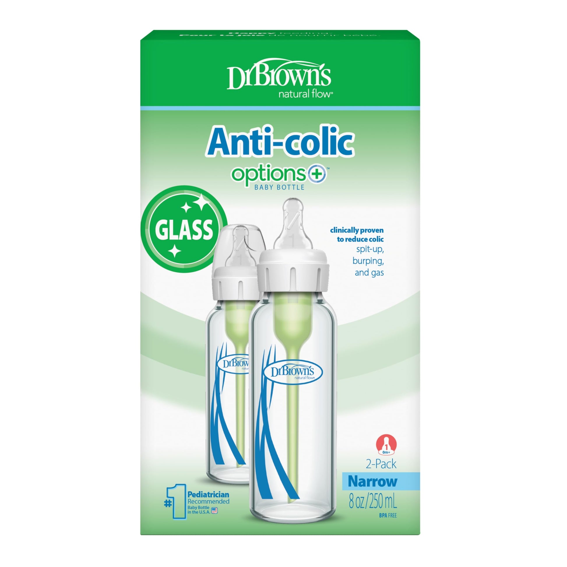 Dr. Brown’s Natural Flow Anti-Colic Options+ Narrow Glass Baby Bottles, 8oz, 2-Pack