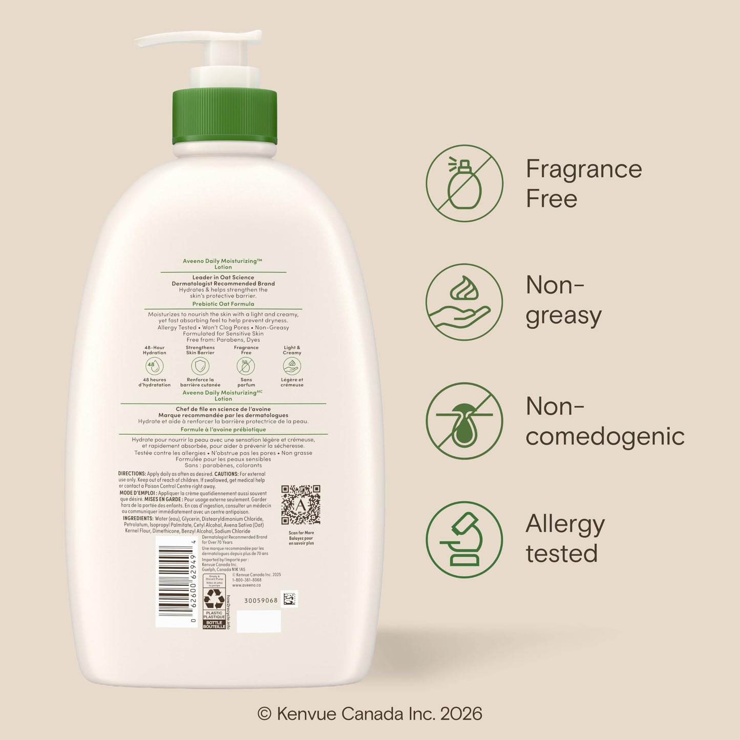 Aveeno Daily Moisturizing Body Lotion with Soothing Prebiotic Oat, Gentle Lotion Nourishes Dry Skin With Moisture, Paraben-, Dye- & Fragrance-Free, Non-Greasy & Non-Comedogenic, 975 ml