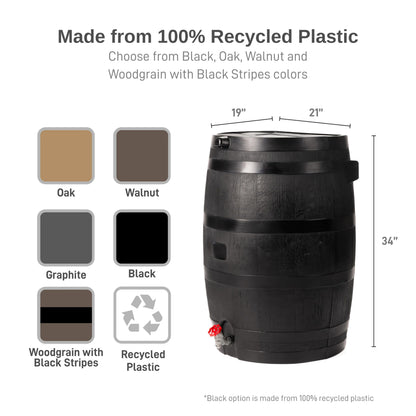 Récupérateur d'eau de pluie RTS Home Accents de 50 gallons (190 L) ECO fabriqué à partir de plastique 100 % recyclé, baril de collecte à dos plat, noir