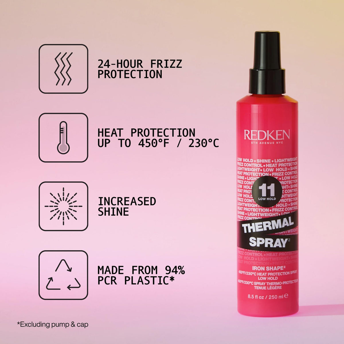 Spray thermique Redken Low Hold, protection thermique légère, pour fers à boucler et fers à lisser, améliore la brillance et réduit les frisottis, 250 ml