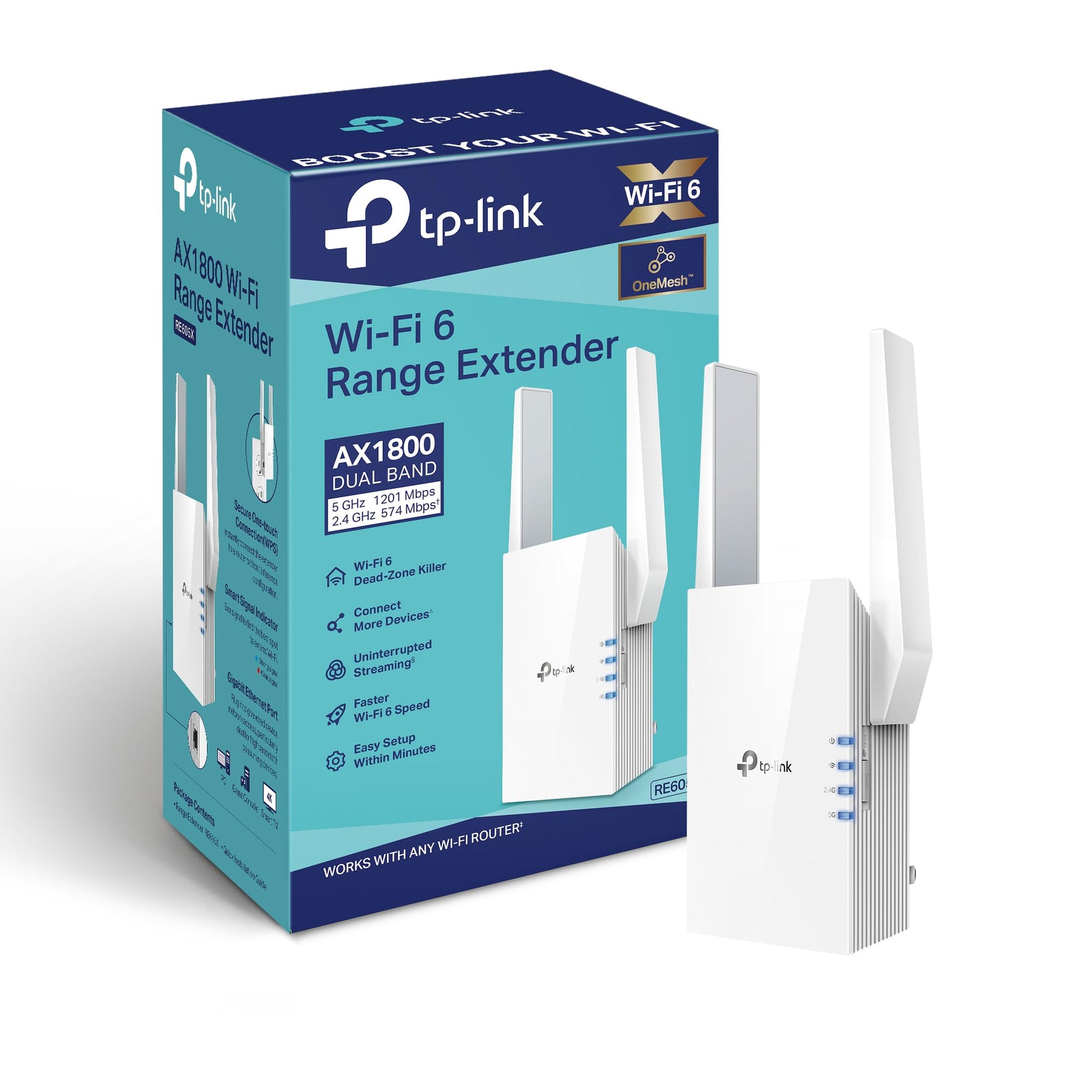 TP-Link AX1800 WiFi Extender Internet Booster RE605X-WiFi 6 Range Extender Covers up to 1500 Sq.ft and 25 Devices, Dual Band, Up to 1.8Gbps Speed, AP Mode w/Gigabit Port, APP Setup, OneMesh Compatible TP-Link