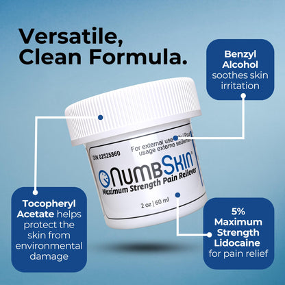 Numbskin 5% Lidocaine Numbing Cream – Fast-Acting Topical Anesthetic for Temporary Pain Relief – Commonly Used Before Tattoo, Microneedling, Waxing & Piercing – With Vitamin E – 2 oz (56 g) - Available at All In One Marketplace Canada