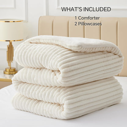 BEDELITE Fleece King Comforter Set, Soft Fluffy Bedding Set, White 🍁 All In One Marketplace Canada