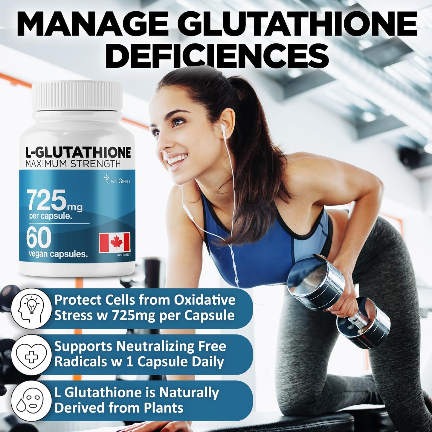 CelluGreen 725mg L-Glutathione MOST POWERFUL AVAILABLE Antioxidant Support for Cellular Health, Liver Detox, Skin & Immune Health, Vegan, Made in Canada. 60 Capsules - Available at All In One Marketplace Canada
