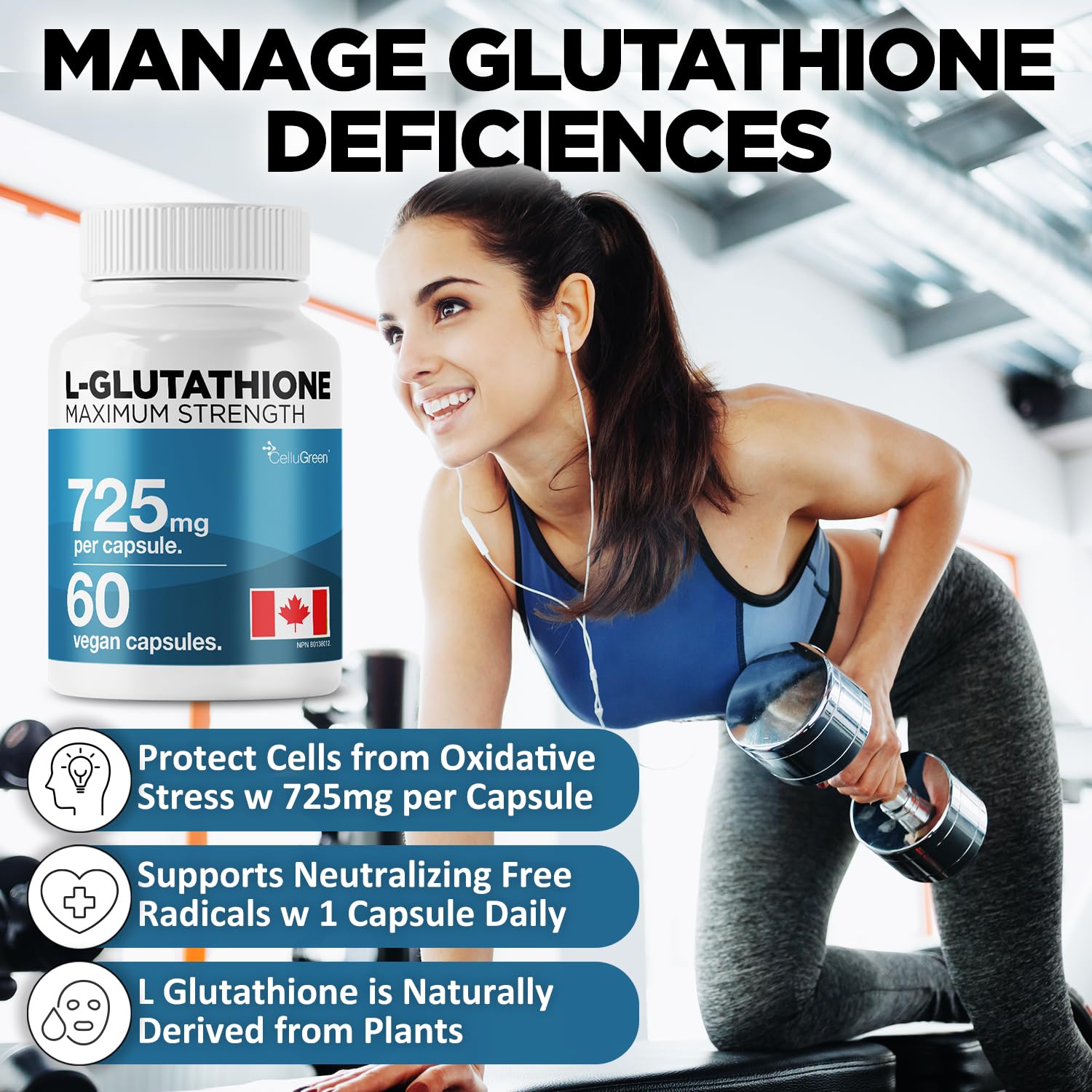 CelluGreen 725mg L-Glutathione MOST POWERFUL AVAILABLE Antioxidant Support for Cellular Health, Liver Detox, Skin & Immune Health, Vegan, Made in Canada. 60 Capsules - Available at All In One Marketplace Canada