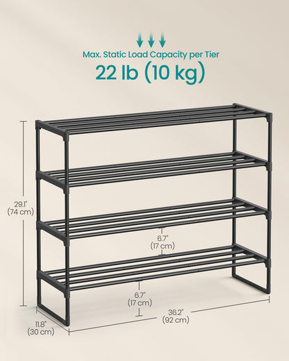 SONGMICS Shoe Rack, 4-Tier Shoe Organizer, Sturdy Storage Shelf, Upright or Upside Down, for 20-25 Pairs, Stackable, for Entryway, 30 x 92 x 75 cm, Black ULSA14BK