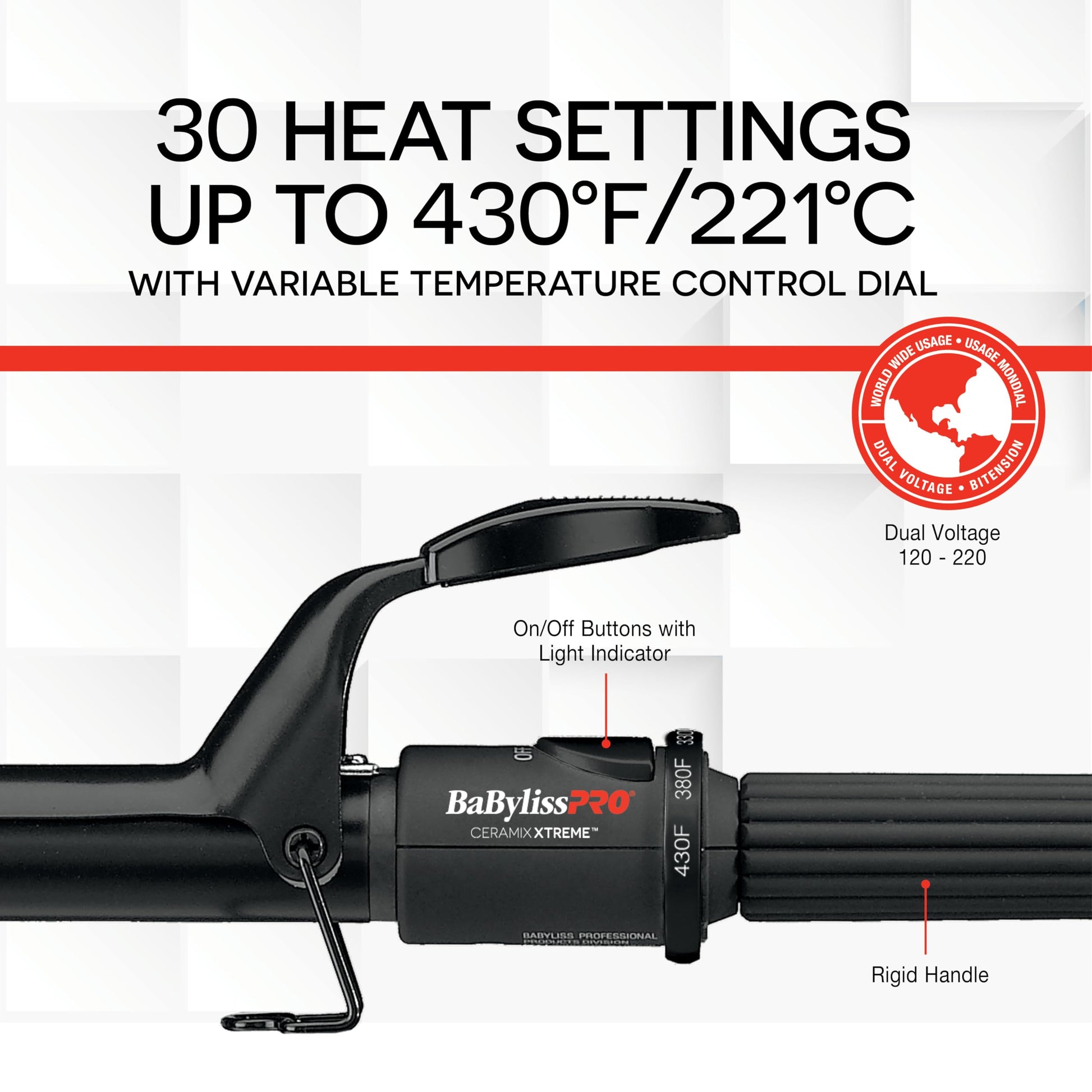 BaBylissPRO Ceramix Xtreme Dual Voltage Ceramic Curling Iron with Far Infrared Heat up to 430°F and Negative Ions, Spring Handle BaBylissPRO