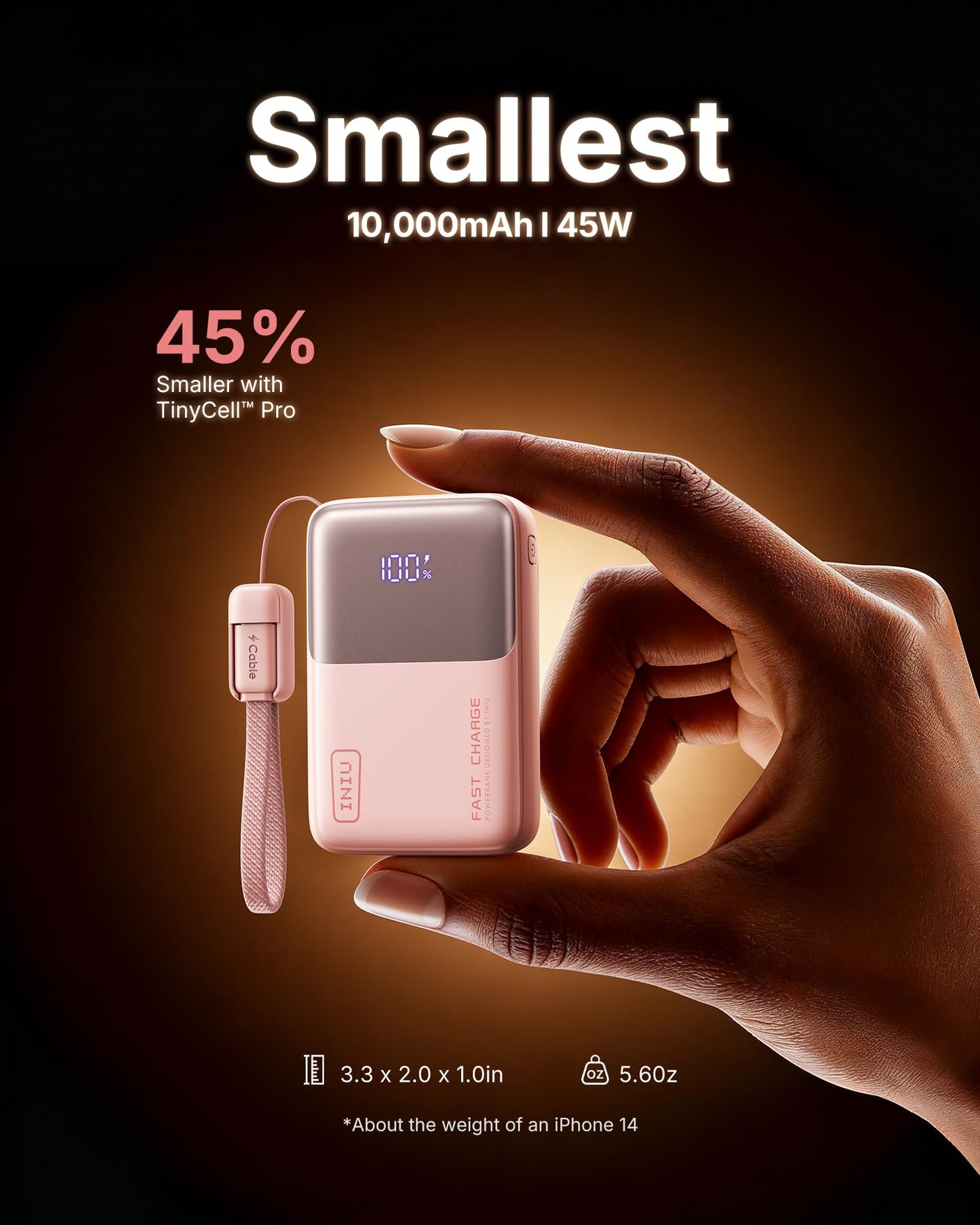 INIU Power Bank, Ultra Mini 10000mAh 45W Fast Charging Portable Charger, USB C Battery Pack with Cable, Flight-Safe Travel Powerbank for iPhone 17 16 15 14 13 12 Pro Max Air, Samsung S26 S25 S24, Pink