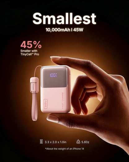 INIU Power Bank, Ultra Mini 10000mAh 45W Fast Charging Portable Charger, USB C Battery Pack with Cable, Flight-Safe Travel Powerbank for iPhone 17 16 15 14 13 12 Pro Max Air, Samsung S26 S25 S24, Pink