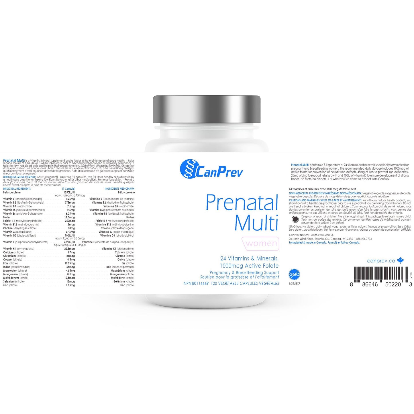 CanPrev Prenatal Multi 120 Caps 30-Day Supply - Prenatal Vitamins with Folic Acid for Pregnancy & Breastfeeding, Women's Prenatal Multivitamin & Mineral, 1000 mcg Active Folate - Non-GMO & Gluten-Free - Available at All In One Marketplace Canada