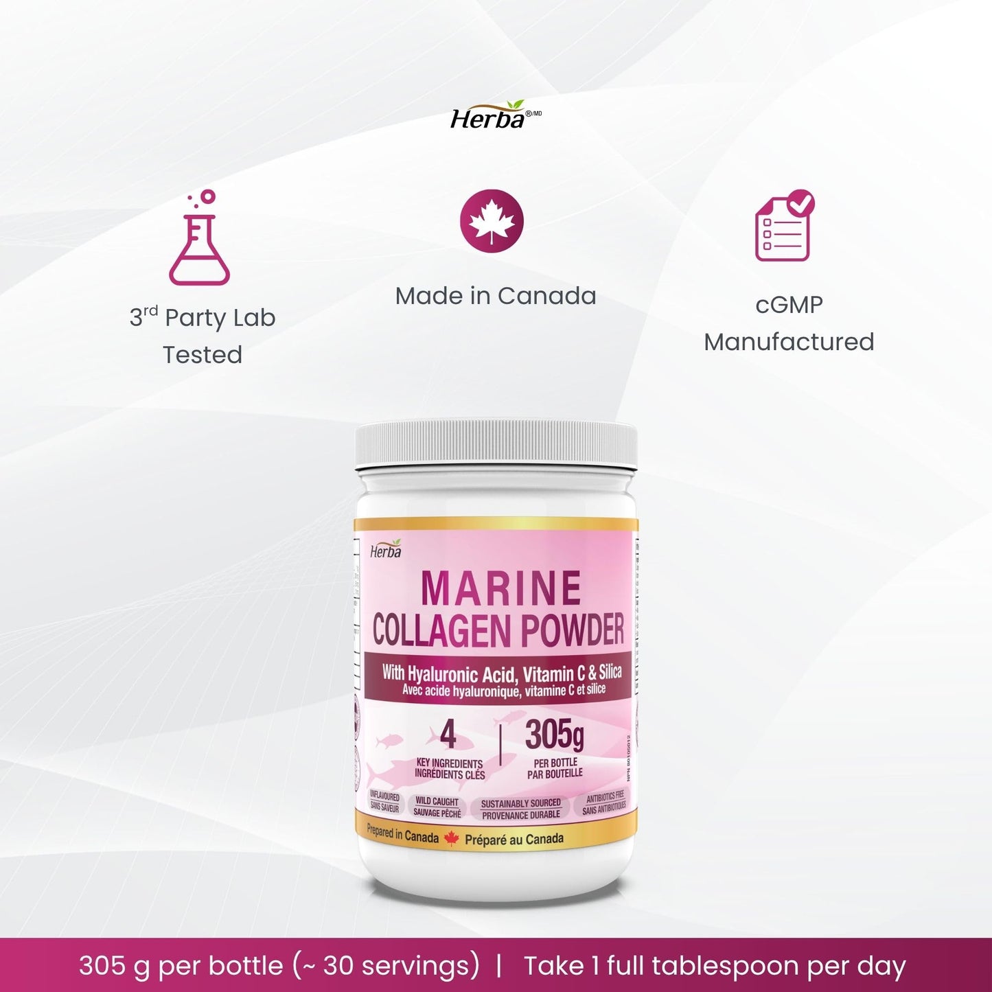 Herba Marine Collagen Powder for Women & Men with Hyaluronic Acid, Vitamin C, and Silica – 305g | Made in Canada | Wild Caught | Hydrolyzed Collagen Peptides | Antibiotics Free | Sustainably Sourced - Available at All In One Marketplace Canada