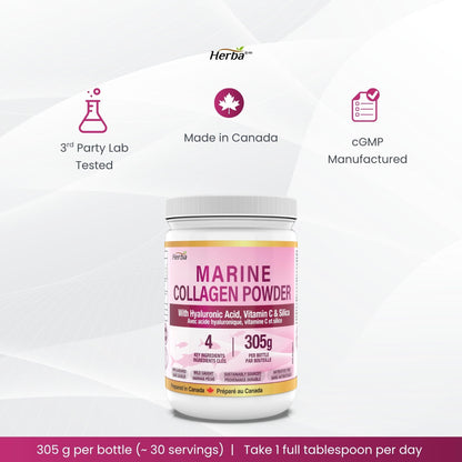 Herba Marine Collagen Powder for Women & Men with Hyaluronic Acid, Vitamin C, and Silica – 305g | Made in Canada | Wild Caught | Hydrolyzed Collagen Peptides | Antibiotics Free | Sustainably Sourced - Available at All In One Marketplace Canada