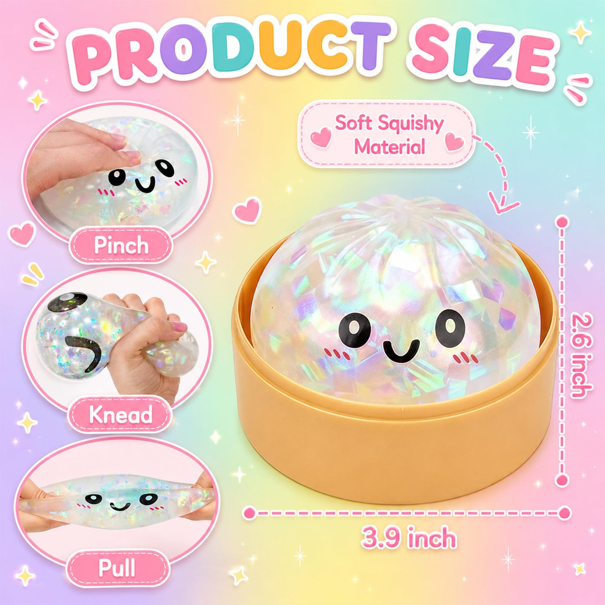 Dumpling Squishy Toys, 4 Pack Slow Rising Glitter Squishies, Cute Squishy Dumpling Stress Ball Squeeze Toys, Fidget Sensory Squishy Food for Kids Adults, Easter Basket Stuffers(Colorful)