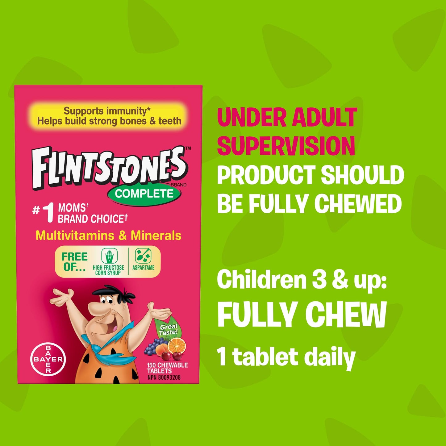 FLINTSTONES Complete Chewable Multivitamin for Kids, Aspartame-Free, with Vitamin A, C6, B12, C, D, e, & Calcium 150 count - Available at All In One Marketplace Canada