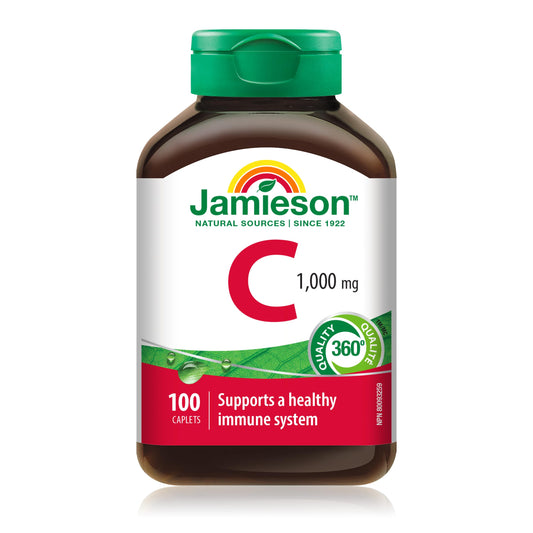 Jamieson Vitamin C 1,000 mg Caplets, Antioxidant Protection, Supports Immune Health, Strong Teeth and Bones. Vegetarian, Gluten-Free, 100 Caplets, Proudly Canadian - Available at All In One Marketplace Canada